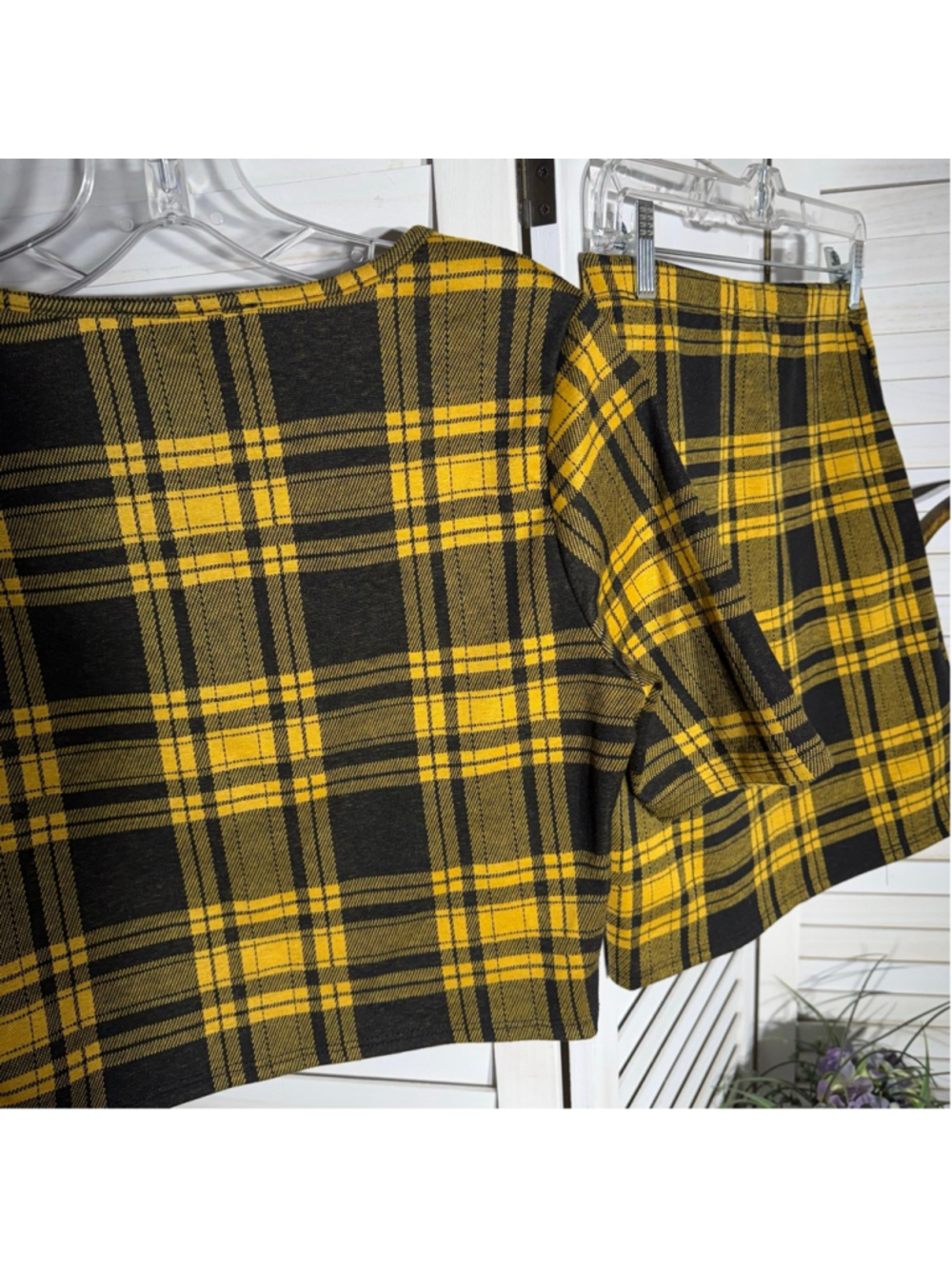 Vintage Y2K school girl style yellow black plaid mini skirt top set sz M - Picture 6 of 13